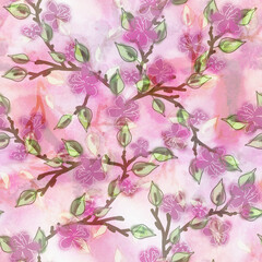 Wall Mural - Illustration of Apple Tree Branches. Watercolor Seamless Pattern.