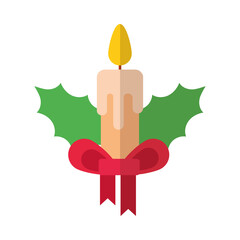 Sticker - happy merry christmas candle with bow and leafs flat style icon