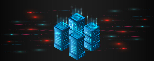 Leinwandbilder - Binary code structure. Big data stream. Abstract Isometric information warehouse. Creative Web hosting banner. Technology concept for data center with server or hosting. 3D