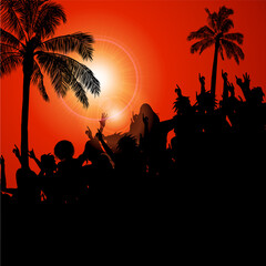 Wall Mural - Silhouette crowd and palm trees on red background