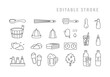 Sauna, editable stroke icons set. Linear pictogram of classic bath tools, banya accessory. Black illustration of wooden tub, ladle, hat, broom, beer mug, brush, soap, slippers. Contour isolated vector