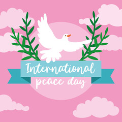 Sticker - International Day of Peace lettering with dove flying and branches