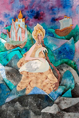  Collage. The tale of the swan princess. Sea princess with a bird in the waves.