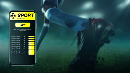 Smartphone screen with mobile app for betting and score. Device with match results on screen, sportsman on background during match. Gambling, betting, sport, finance, modern technologies concept.