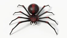 Black Spider With Red Skin Details. Suitable For Horror, Halloween, Arachnid And Insect Themes. 3D Illustration With White Background.