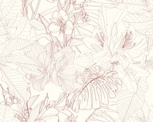 Exotic Beige Brown Line Tropical Leaves And Flowers On Beige Background. Floral Seamless Pattern. Tropical Illustration. Summer Beach Design. Paradise Nature.	