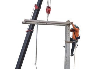 Workers climbing electric poles with crane lifting equipment isolatad on white background.