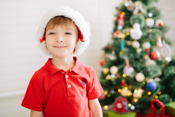 Wall Mural - Cute little boy of about five year with a gift in a decorated Christmas room with a xmas tree