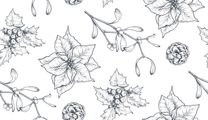 Wall Mural - Vector seamless pattern with Christmas floral elements, plants, branches, pine cones, poinsettia