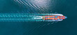 Aerial top view of cargo ship with contrail in the ocean sea ship carrying container and running  from container international port smart freight shipping by ship service, webinar banner