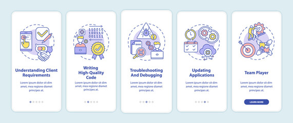 App developer skills onboarding mobile app page screen with concepts. Understanding client requirements walkthrough 5 steps graphic instructions. UI vector template with RGB color illustrations
