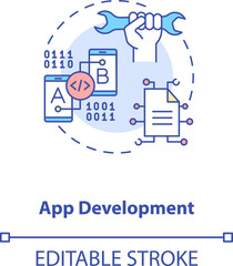 App development concept icon. Mobile app development process. Innovative application creation process idea thin line illustration. Vector isolated outline RGB color drawing. Editable stroke