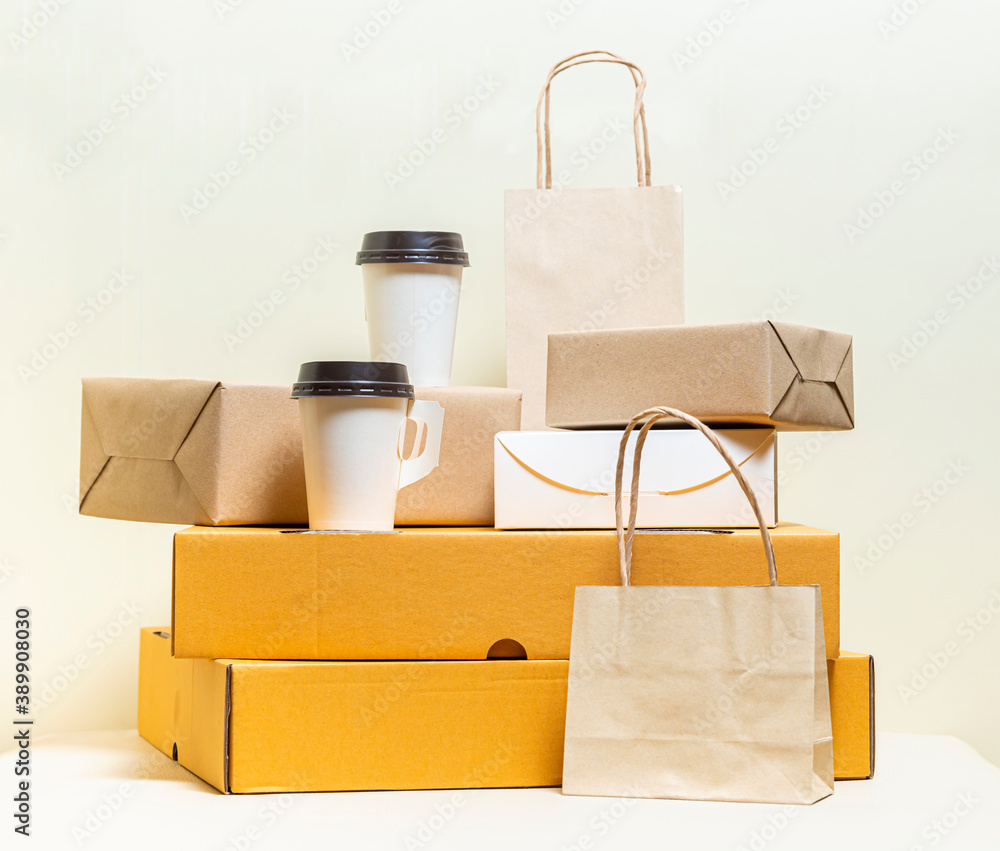 Fast food packaging set. Paper coffee cups, Food box, Brown paper bag, Pizza box, Snack box, Parcel box and Place to insert your text.