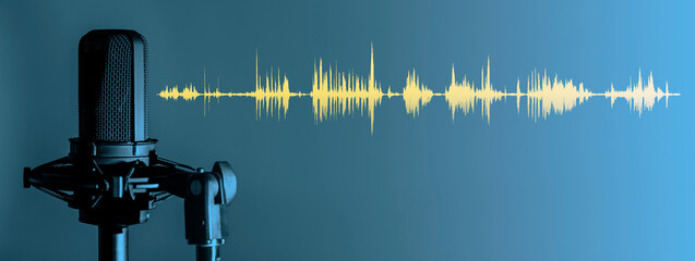 Wall Mural - Microphone with yellow waveform on blue background, broadcasting or podcasting banner