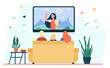Back view of family sitting on sofa and watching TV isolated flat vector illustration. Cartoon characters on couch in living room. Entertainment and leisure concept