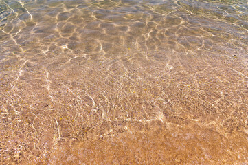 Distorted texture of sand under water. Transparent water ripples, sand waves and glare of sunlight. Seabed background