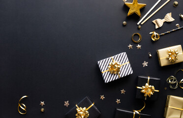 Wall Mural - merry christmas,xmas and new year celebration concepts with gift box and ornament in golden color on