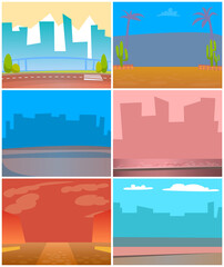 Wall Mural - Small towns and big cities vector, silhouettes skylines and cityscapes with haze and smog. Desert with cactus and palms, buildings and skyscrapers. View from bridge or road. Flat cartoon