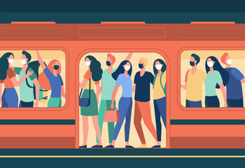 Crowd of people in masks standing in subway train. Public transport, passengers, commuters flat vector illustration. Covid, epidemic, protection concept for banner, website design or landing web page