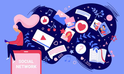 Social network content marketing concept vector illustration. Cartoon user woman networking in social media, creating modern digital video photo creative content, using mobile app services background