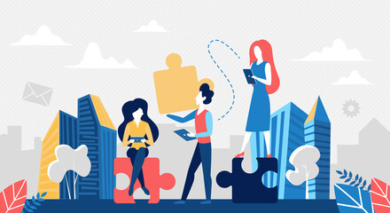Business teamwork concept vector illustration. Cartoon business people team working, partner businessman holding puzzle jigsaw in creative success solution, communication in partnership background