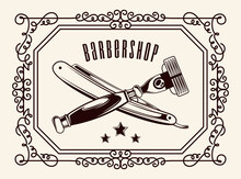 Barbershop Style, Shaver And Razor Blades, Stars, Frame, Decorative Elelements, Vintage Illustration For Signboard, Label, Sticker, Poster, Print For Clothes, Logo, Instruments Or Tools Of Barber