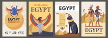 Egypt Posters Set. Egyptian Pyramids, Cats, Gods, Isis, Scarab Vector Illustrations With Text. Templates For Travel Flyers Or Brochures