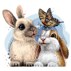 Wall Mural - Little rabbits with a butterfly . Wall sticker. Color, artistic portrait of two cute little rabbits with a butterfly in watercolor style on a white background. Digital vector drawing