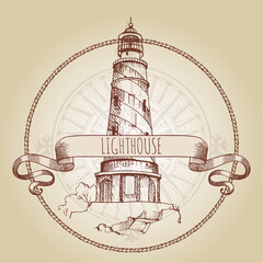 Lighthouse. Image of old lighthouses in a round rope frame. Hand-drawn vector sketch. Ancient architecture.