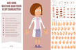 Cartoon flat funny little doctor kid girl character in white uniform. Ready for animation. Face expressions, eyes, brows, mouth and hands easy to edit. Isolated on pink background. Vector set.