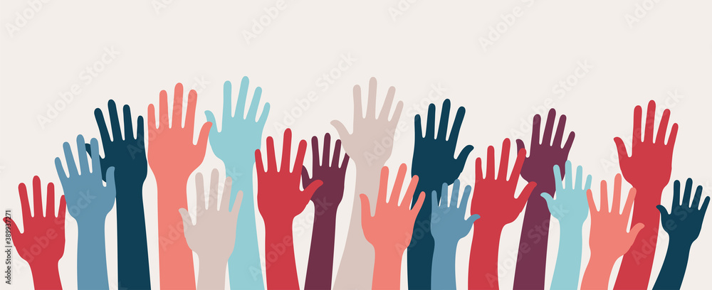 Group raised human arms and hands.Diversity multiethnic people. Racial equality. Men and women of different culture and countries. Coexistence harmony. Multicultural community integration - obrazy, fototapety, plakaty 
