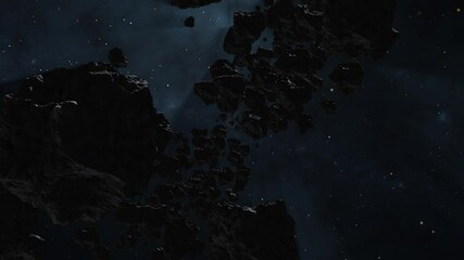 Wall Mural - Loopable animation: spinning flight through dark deep space hazy asteroids field backlit by bright glowing star