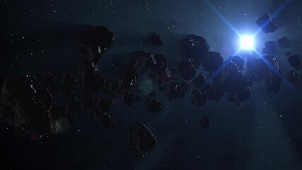 Wall Mural - Loopable animation: Cinematic flight through dark deep space hazy asteroids field backlit by bright glowing star