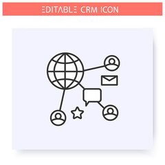 Social CRM line ion. Customers interaction through social media platforms. Automating workflow processes.Customer relationship management. Isolated vector illustration. Editable stroke