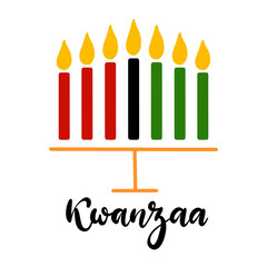 Happy Kwanzaa handwritten text for traditional african american ethnic holiday vector illustration. Concept design for greeting card with kinara and burning black, red, green colored candles.