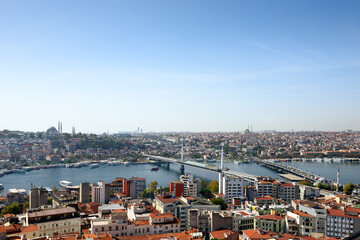 Wall Mural - Skyline of Istanbul, as seen from Galata Tower. View of the Golden Horn Metro Bridge and Ataturk Bridge. City of Istanbul, Turkey.