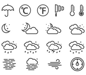 weather forecast symbols night set line or outline style simple flat icons isolated on white backgro