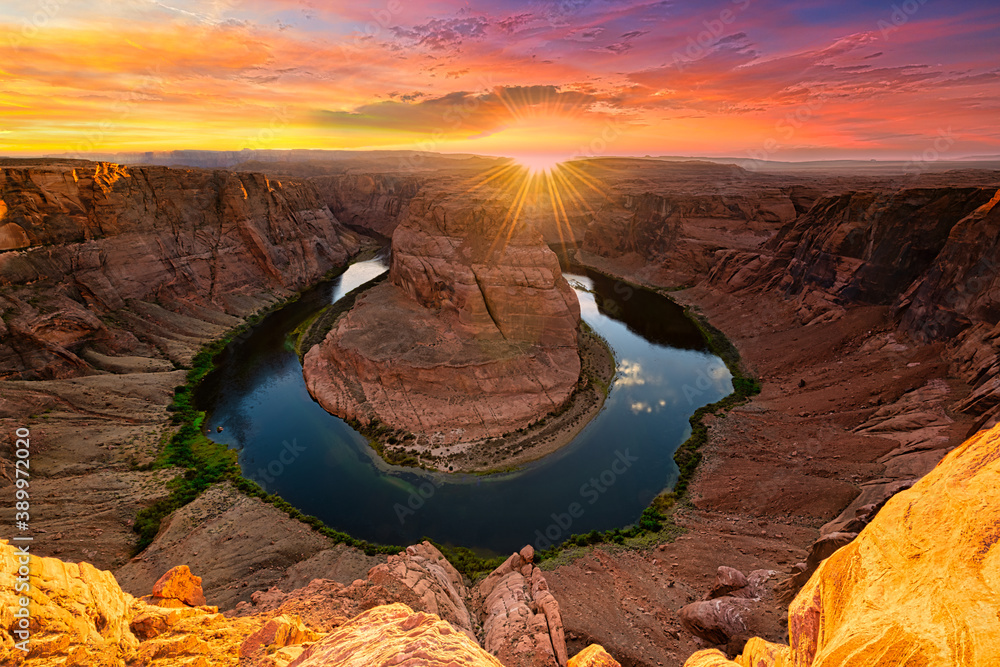 grand canyon sunset horseshoe bend arizona. Travel arizona horseshoebend near page arizona. - obrazy, fototapety, plakaty 