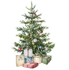 watercolor christmas tree with gift boxes and toys. hand painted new year tree with christmas ball i