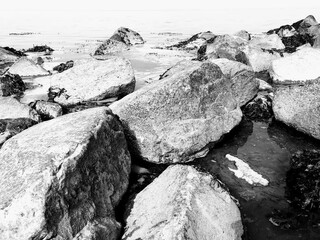 Canvas Print - Grayscale closeup shot of stones on the seashore