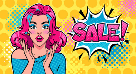 Wall Mural - Surprised woman with open mouth, pink hair and SALE speech bubble. Advertising poster for discount. Pop art vector retro illustration.