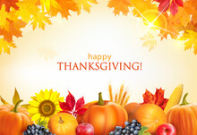 Thanksgiving Day Background With Pumpkins, Sunflower, Wheat Ears And Leaves. Vector Illustration.