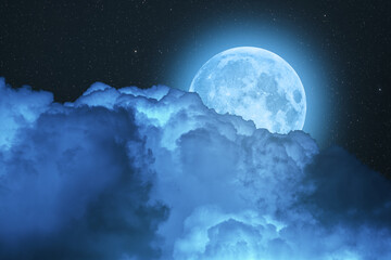 Wall Mural - Blue super moon glowing against cloudy sky