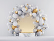 3d render, Christmas white gold background with marble podium and round spruce wreath decorated with festive ornaments and lights. Commercial seasonal showcase mockup for product presentation.