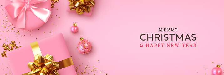 Wall Mural - Christmas banner. Background Xmas design of realistic pink gift box, golden 3d render snowflake and glitter gold confetti, bauble ball. Horizontal christmas poster, greeting card, headers for website