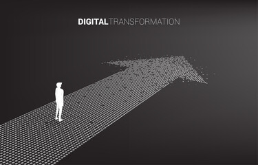 silhouette of businessman standing on the arrow from pixel. concept of digital transformation of bus