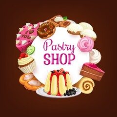 Sticker - Cakes and bakery pastry sweets, chocolate desserts food, vector poster. Bakery pastry cakes, cheesecake and sweet desserts, cupcake, croissant and pudding, patisserie donuts, waffles and cookies