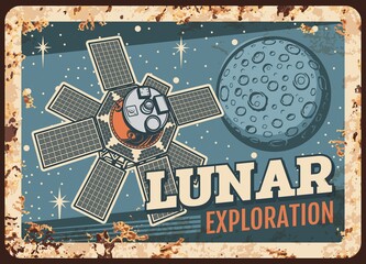 Wall Mural - lunar exploration program vector rusty metal plate, satellite flying on moon orbit vintage rust tin 