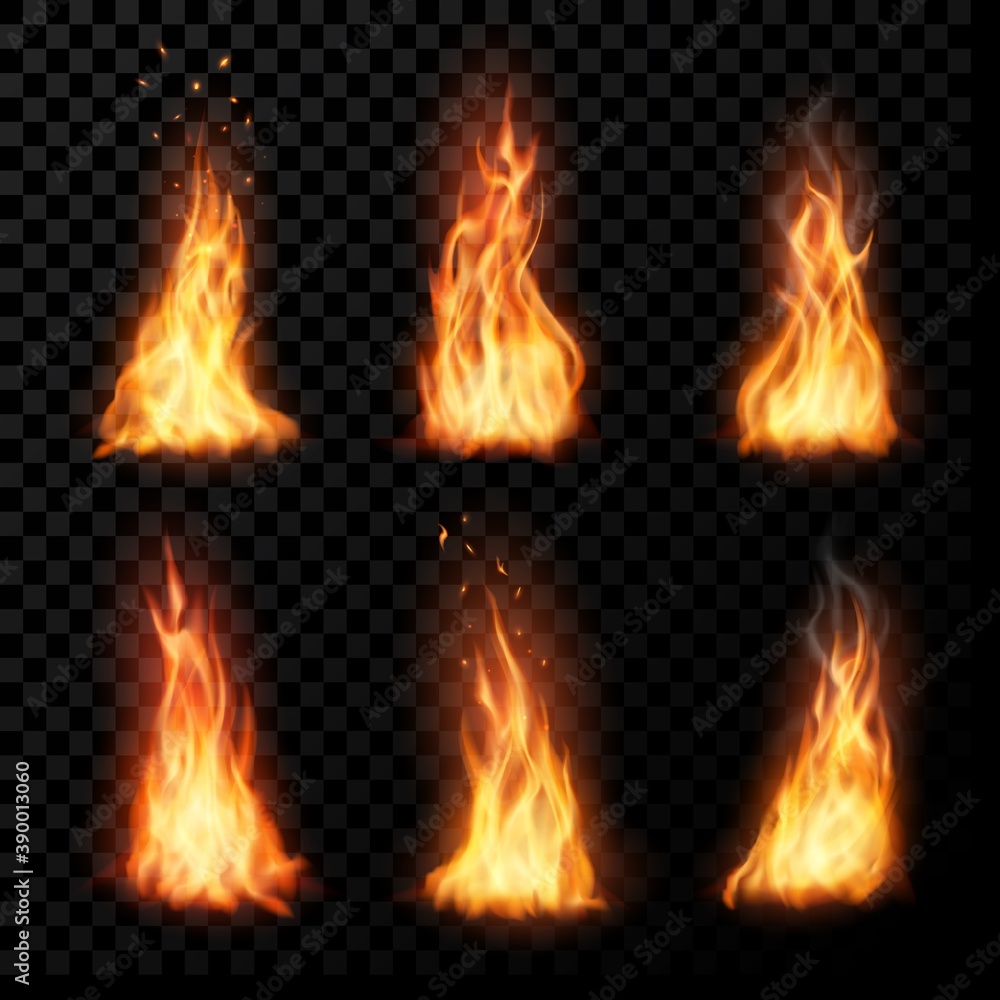 Fire, vector campfire, isolated torch flame. Burning bonfire blaze effect, glow orange and yellow shining flare with sparks, flying particles, embers and steam. Realistic 3d ignition tongues set - obrazy, fototapety, plakaty 