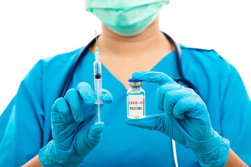 Female nurse with stethoscope puts on rubber gloves and wear medical face mask, woman doctor in blue uniform holding syringe . and COVID-19 vaccine, isolated white background, medical health concept